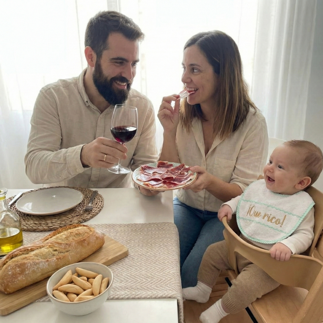 familia con bebe comiendo jamon