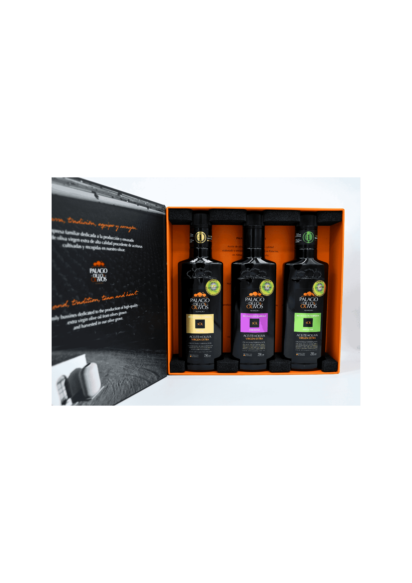 Caja 6 Estuches Trilogía Aceite de Oliva Virgen Extra — Palacio de Los Olivos | Picual, Arbosana y Arbequina | 18 x 250 ml