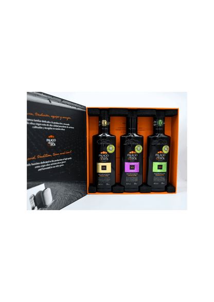 Caja 6 Estuches Trilogía Aceite de Oliva Virgen Extra — Palacio de Los Olivos | Picual, Arbosana y Arbequina | 18 x 250 ml