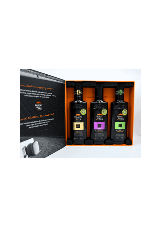 Caja 6 Estuches Trilogía Aceite de Oliva Virgen Extra — Palacio de Los Olivos | Picual, Arbosana y Arbequina | 18 x 250 ml