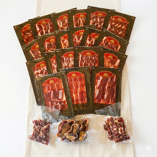 Pack Familiar Jamón Ibérico de Jabugo Loncheado 30 Sobres de 100 g | 3 kg + Huesos para Caldo