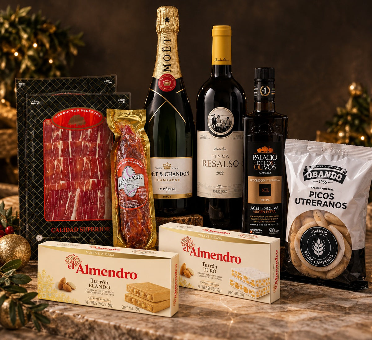 Cesta Premium Navidad Jamón Ibérico de Bellota, Moët Chandon y Vino Tinto