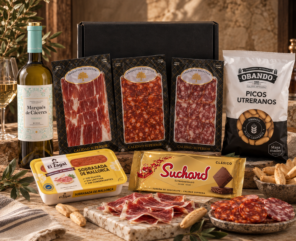 Cesta Clásica Navidad  Jamón Ibérico, Vino Verdejo y Dulces