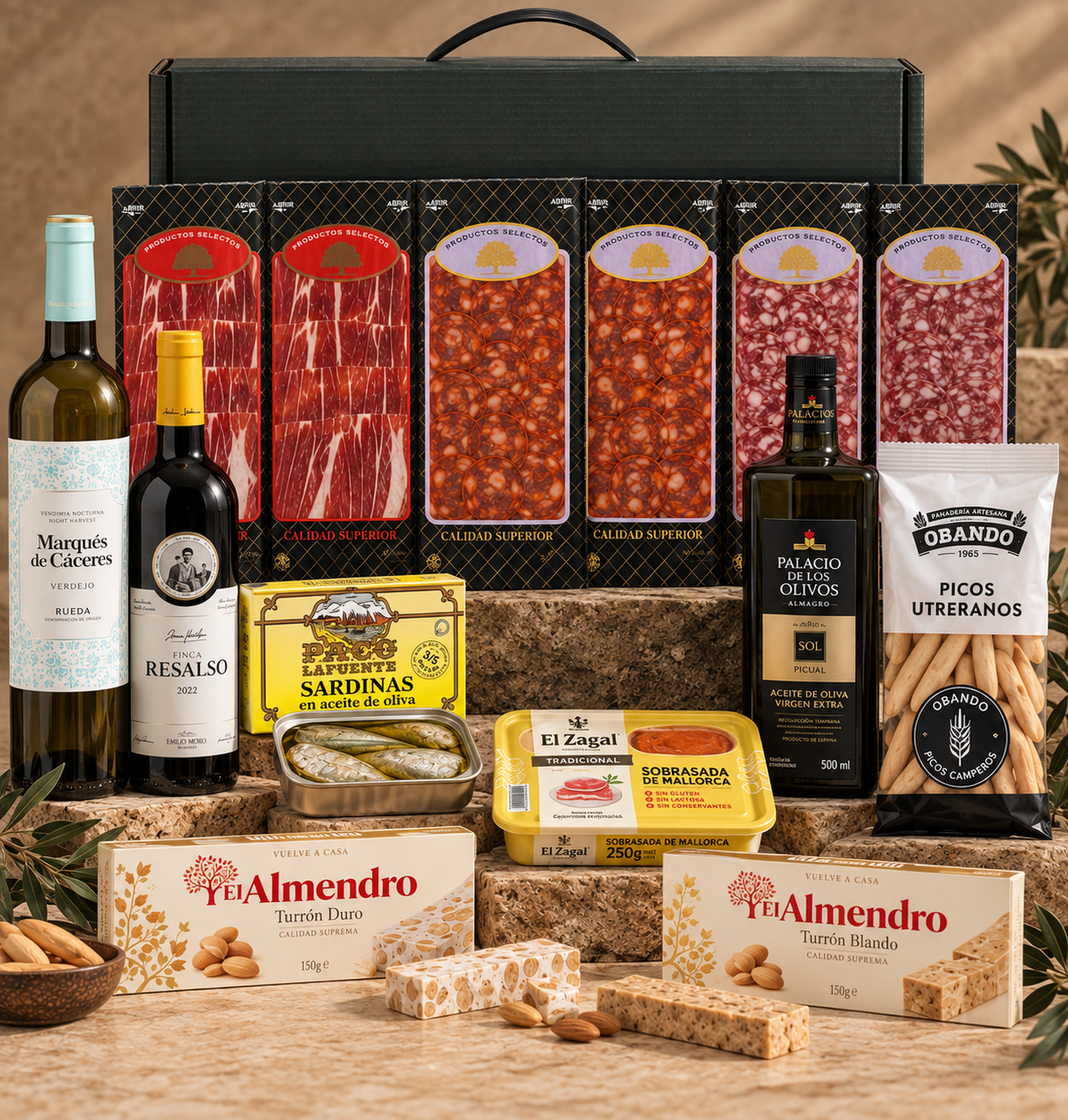 Cesta Doble de Jamón Navidad  Jamón Ibérico de Jabugo, Dulces y Vino Tinto