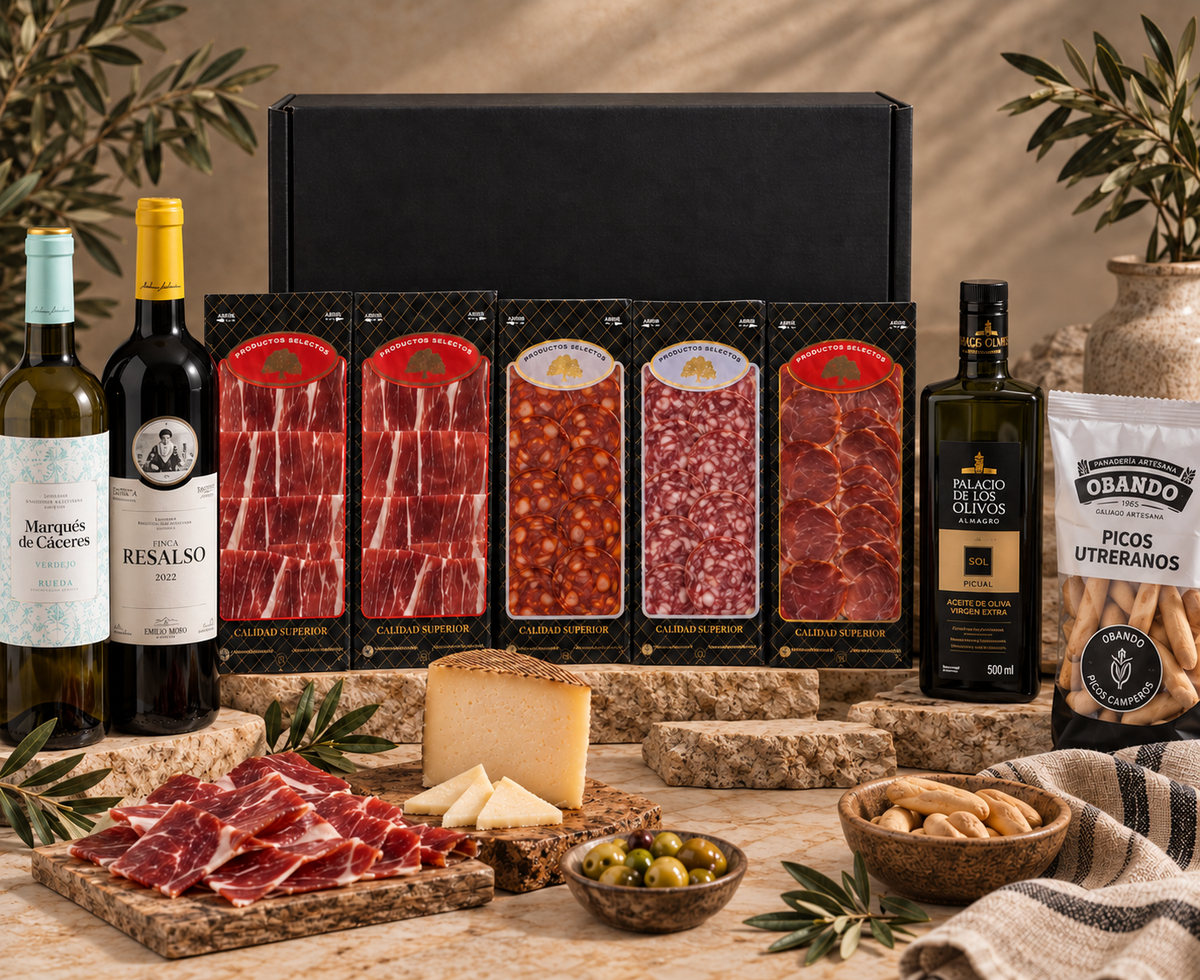 Cesta Ejecutiva Navidad Ibéricos, Queso Manchego, Aceite y Dos Vinos