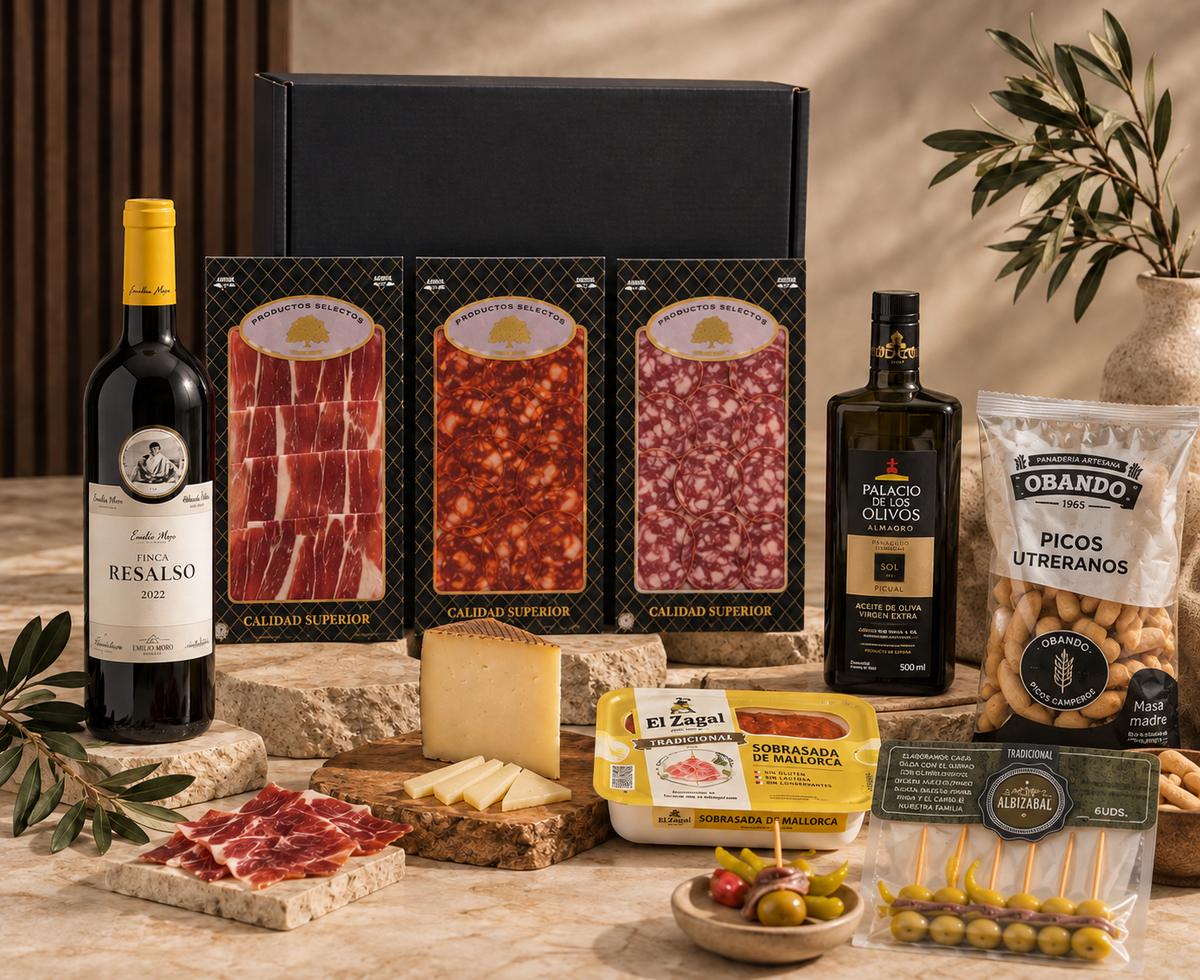 Cesta Selecta Navidad  Ibéricos, Queso, Aceite y Vino Tinto