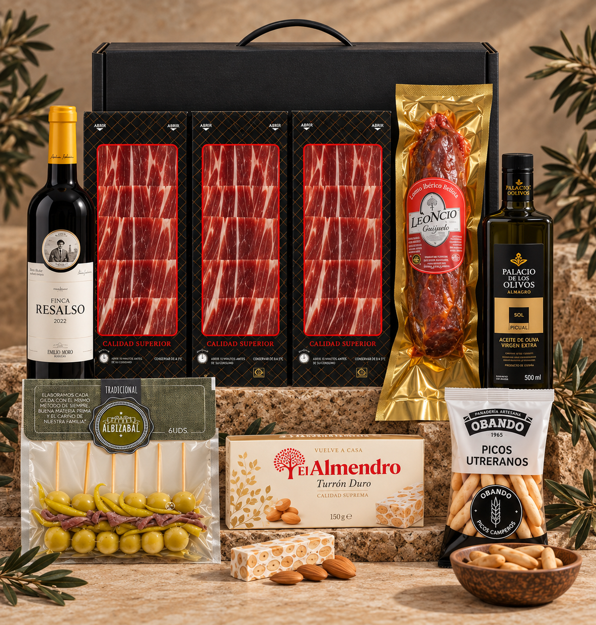 Cesta Triple Jamón Navidad Jamón Ibérico de Jabugo, Lomito de Bellota y Vino Tinto