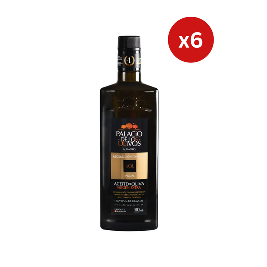 Caja de 6 botellas de 500ml Palacio de Los Olivos Picual.